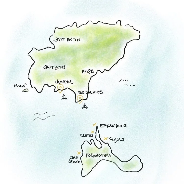 Hand-drawn Bora Sailing itinerary map from Ibiza to Formentera